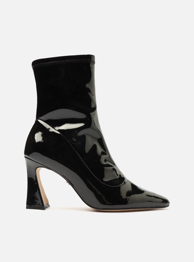 Bota Preta Verniz Cano Curto Salto Flare Selena