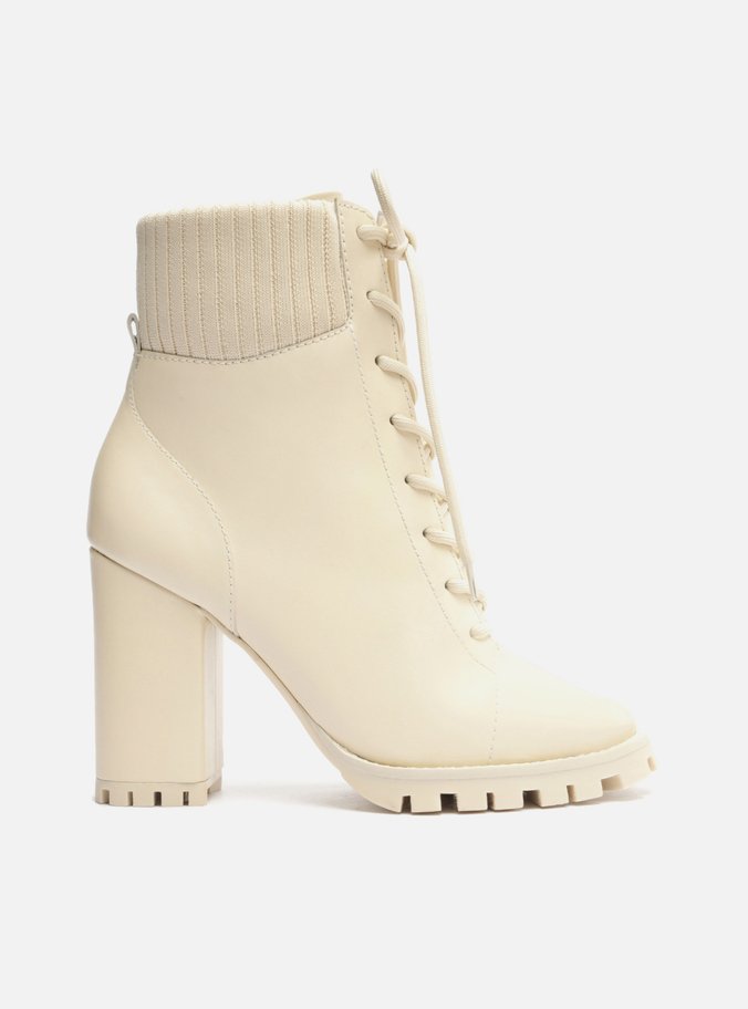 Bota Coturno Off-White Couro Salto Alto Tratorado