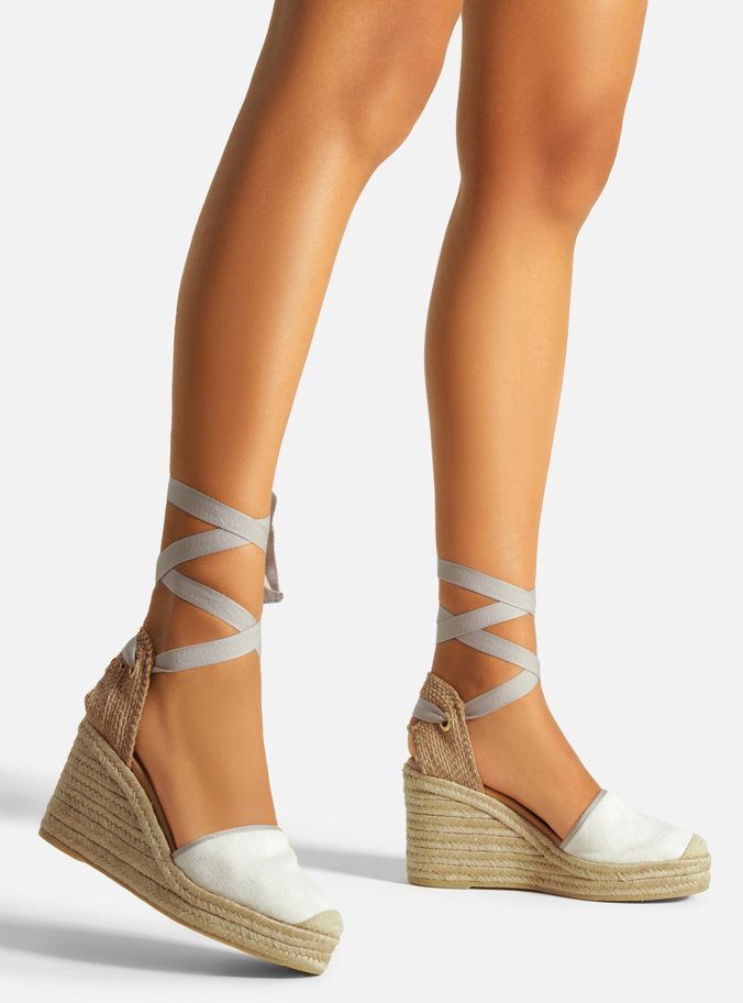 Espadrille Lona Branca Salto Alto Amarração