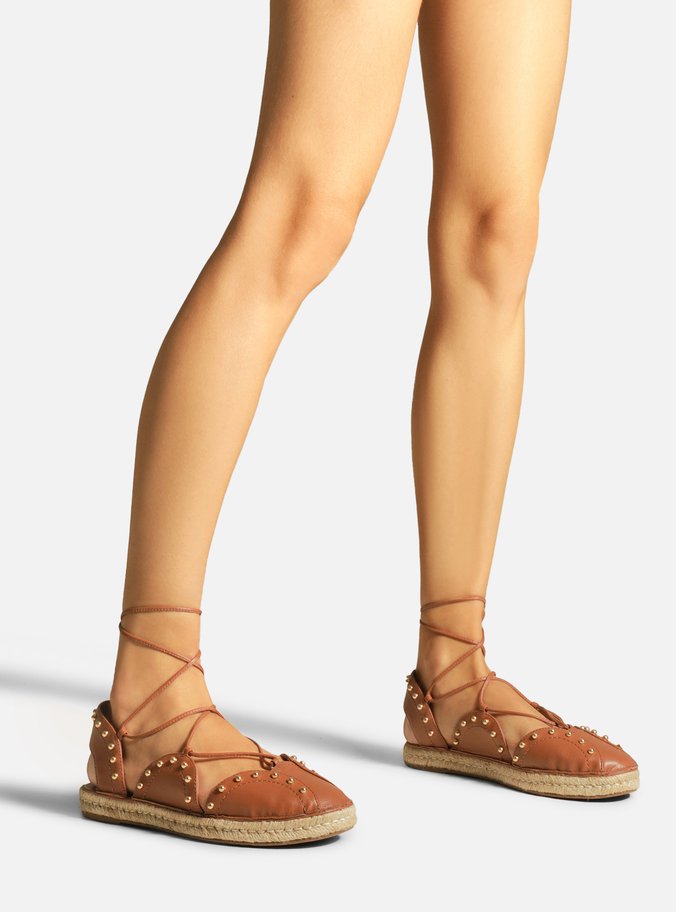 Espadrille Marrom Couro Rasteira Amarração