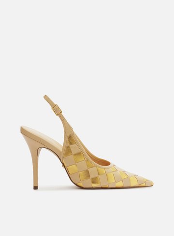 Scarpin Bege Tressê Dourado Slingback